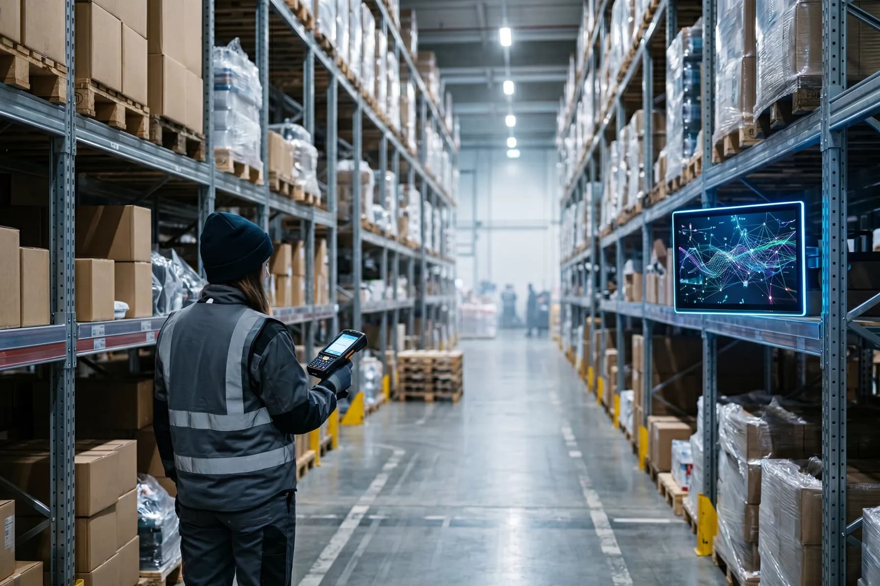 Modern warehouse aisle with a handheld scanner and a wall-mounted analytics screen showing abstract charts; cool neutral light.