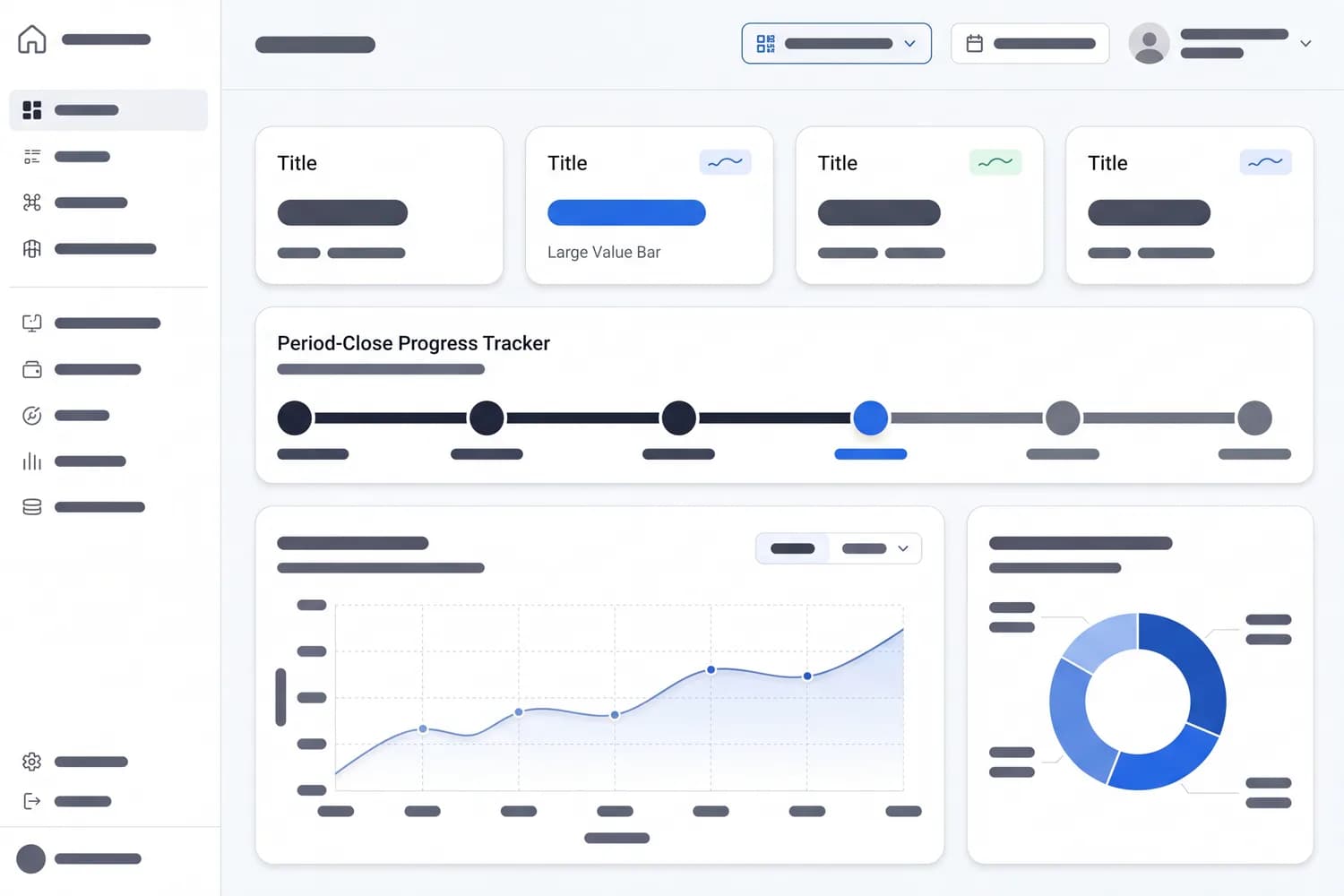 Enterprise dashboard: consolidated financial summary cards, a period-close progress tracker, and a multi-entity selector — light theme, blue accents.