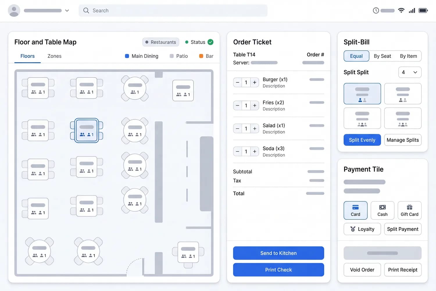 Point-of-sale order screen: a floor and table map, an open order ticket with line items, split-bill controls, and a payment tile — light theme, blue accents.