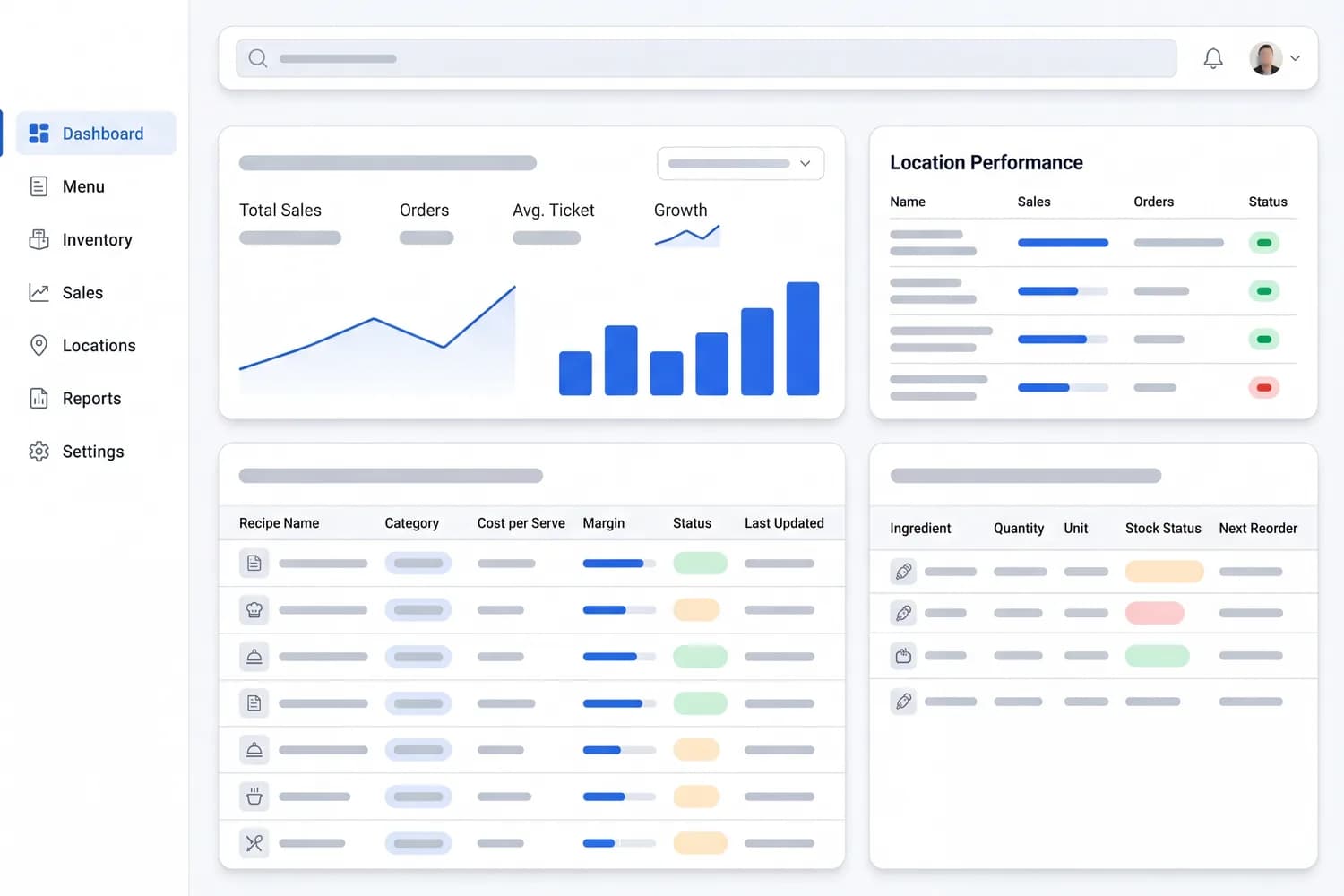Restaurant management screen: menu and recipe-costing tables, ingredient stock levels, and a multi-location sales summary — light theme, blue accents.