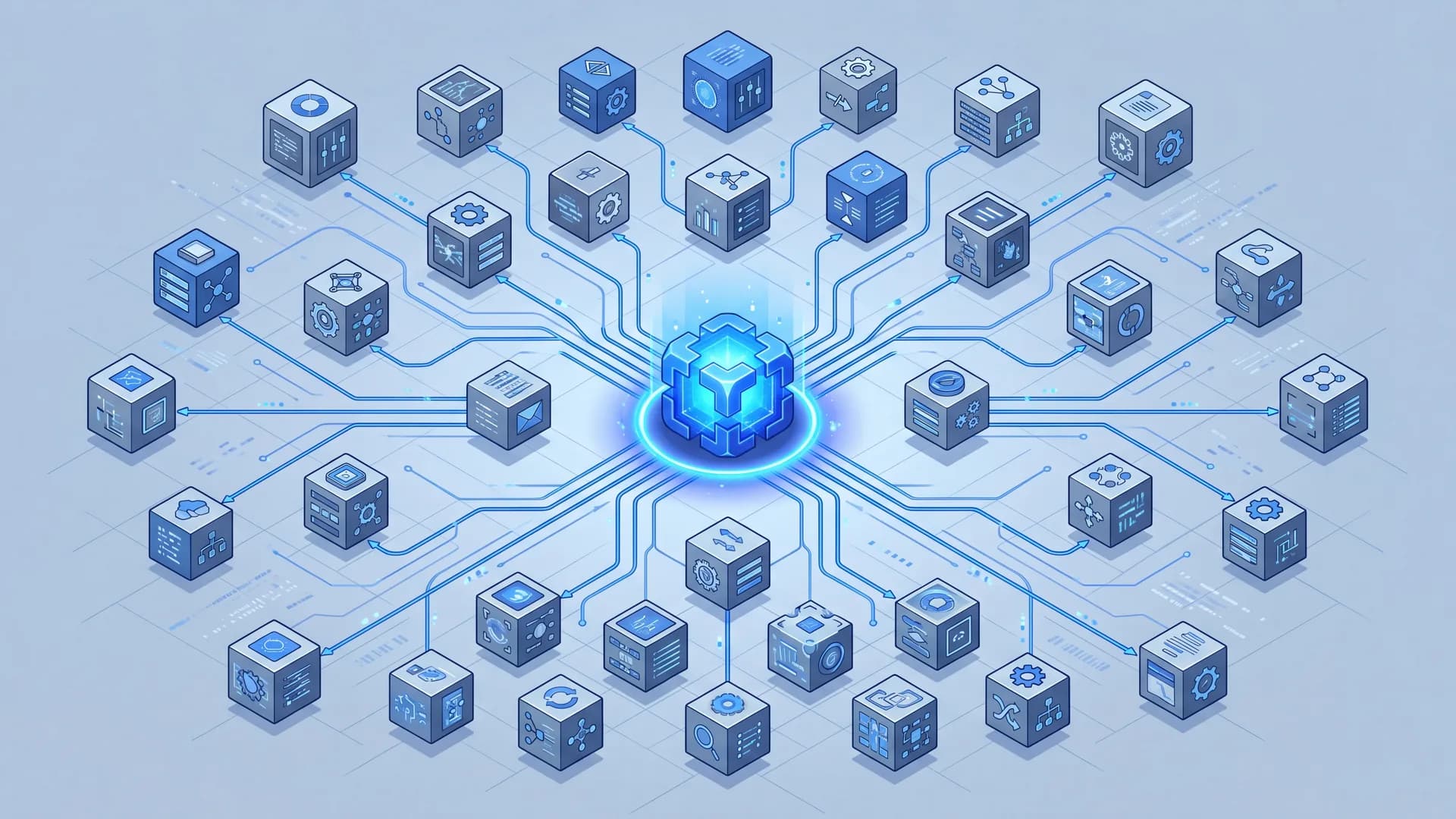 Modular dashboard mock: connected product modules arranged around a central data layer, thin connector lines, blue and slate palette.