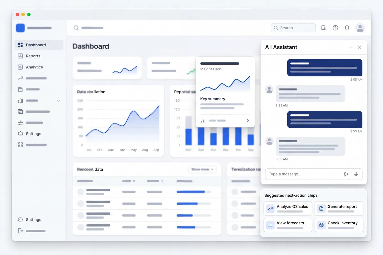 AI assistant panel layered over an operational dashboard: a conversation pane, suggested next actions, and an insight card summarizing trends — light theme, blue accents.