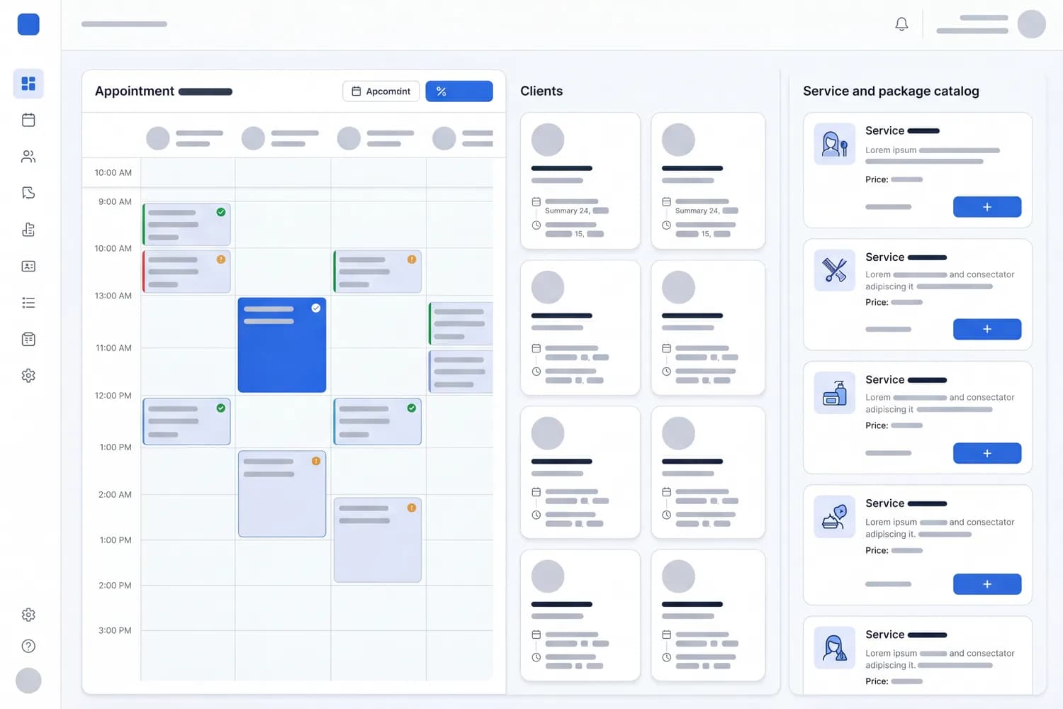 Salon management screen: an appointment calendar by staff member, client cards with service history, and a service-and-package catalog — light theme, blue accents.