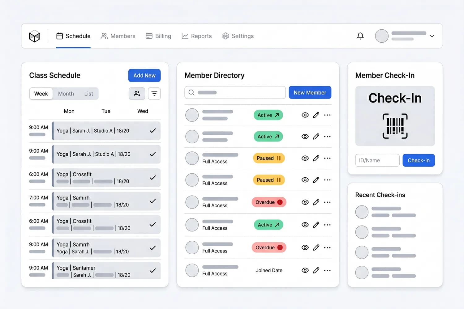 Fitness management screen: a class and session schedule, a membership list with status, and a member check-in panel — light theme, blue accents.