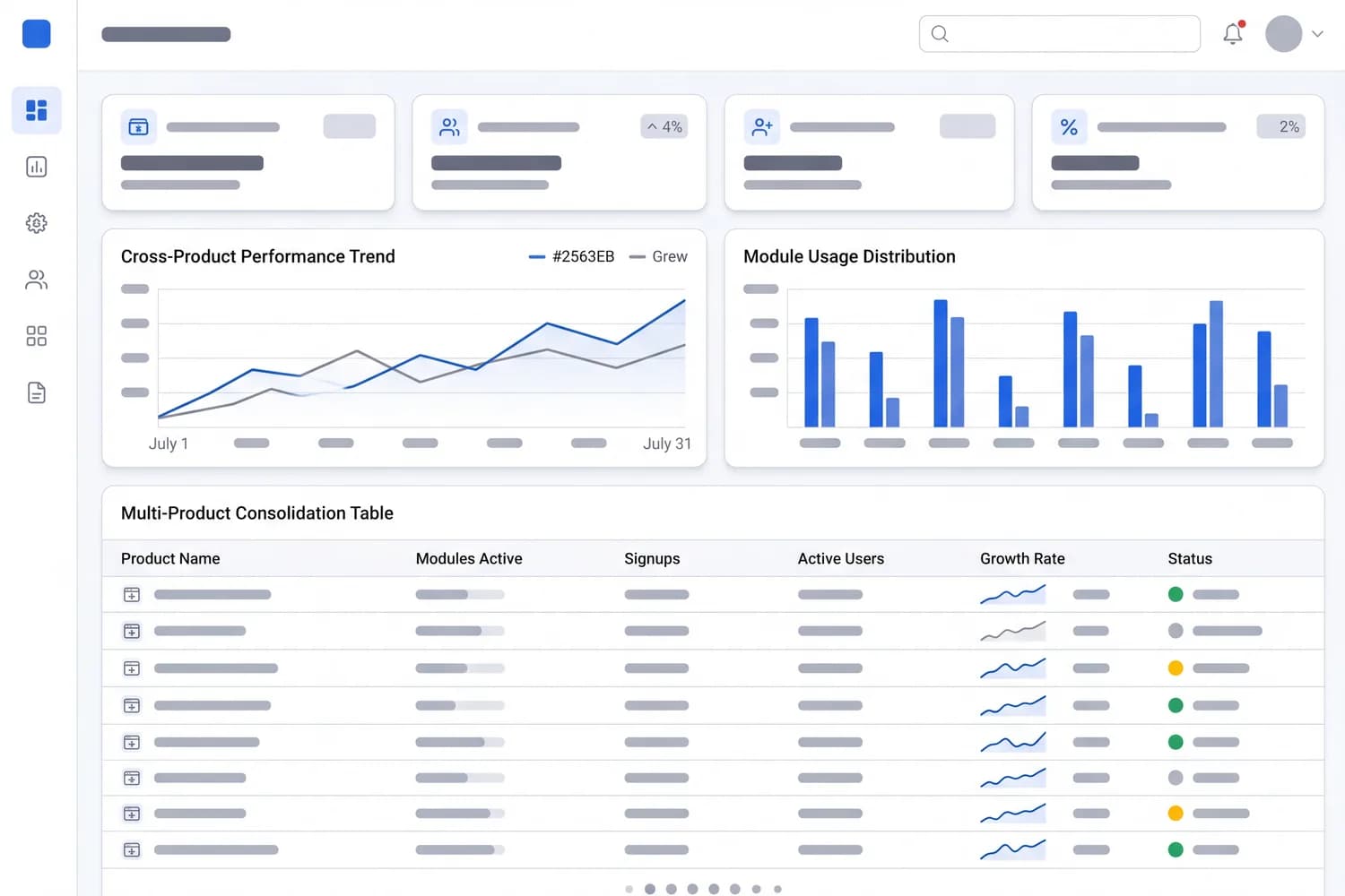 Management dashboard: cross-module KPI tiles, trend charts, and a drill-down table consolidating data across products — light theme, blue accents.