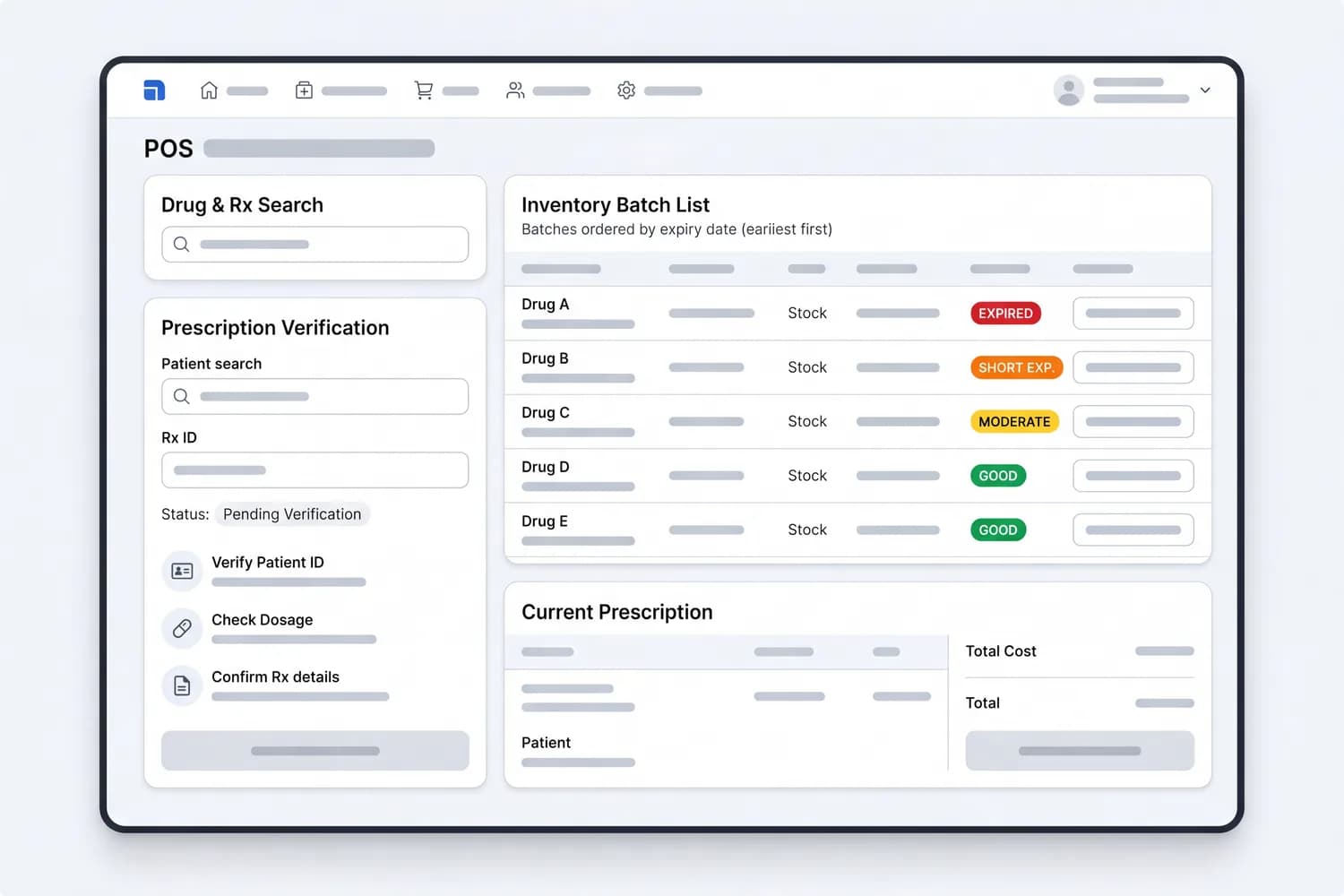 Pharmacy point-of-sale screen: drug search, a batch list with expiry indicators in first-expiry order, and a prescription verification step — light theme, blue accents.