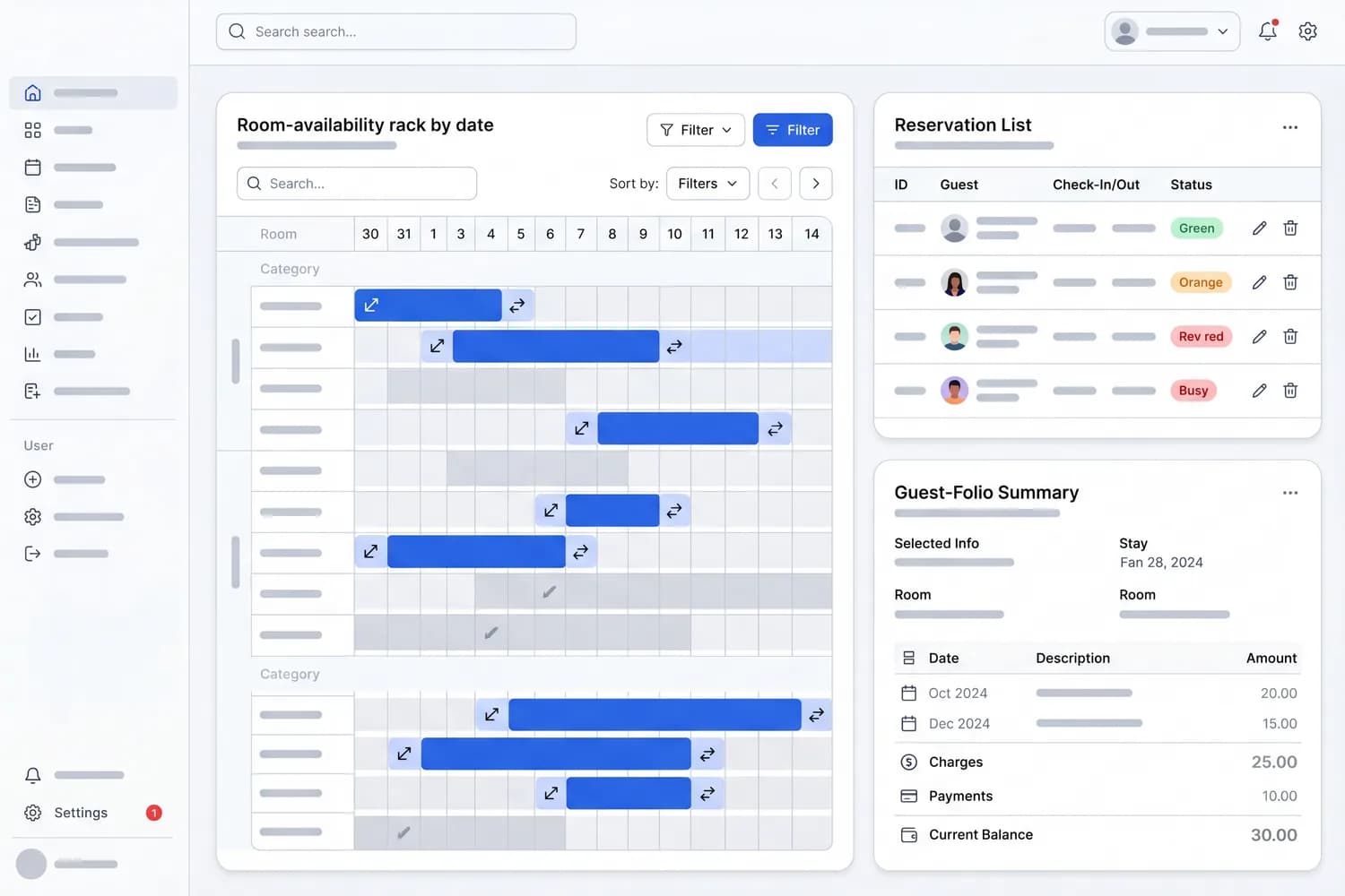 Property management screen: a room-availability rack by date, a reservation list, and a guest-folio summary — light theme, blue accents.