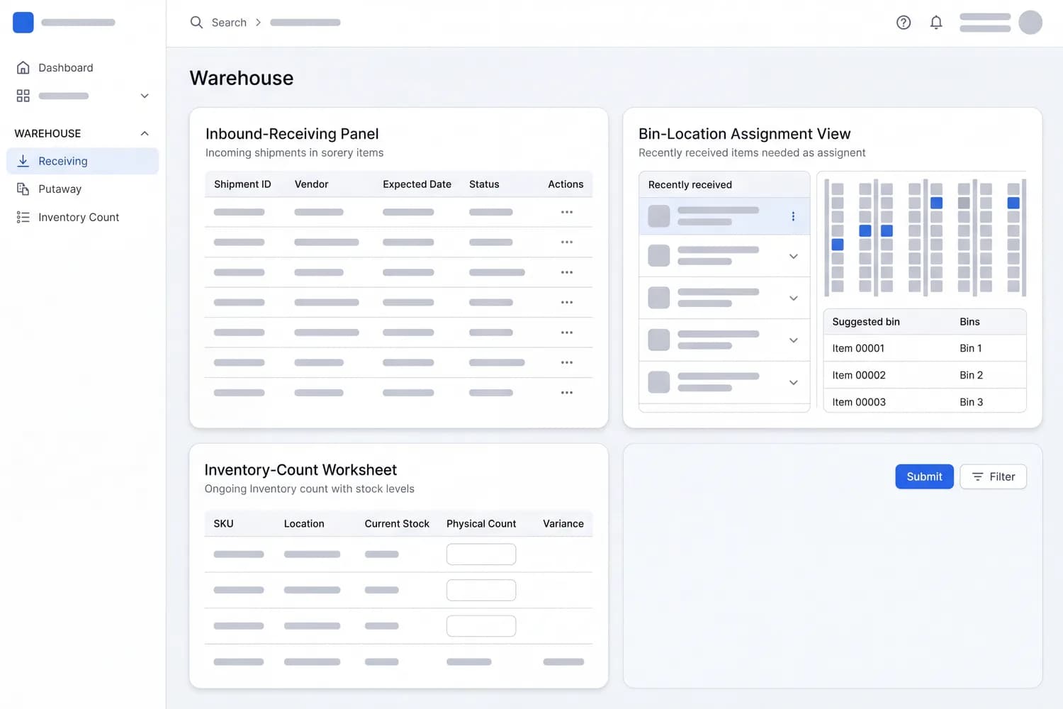 Warehouse management screen: inbound receiving, bin-location assignment, and an inventory-count worksheet with stock levels — light theme, blue accents.